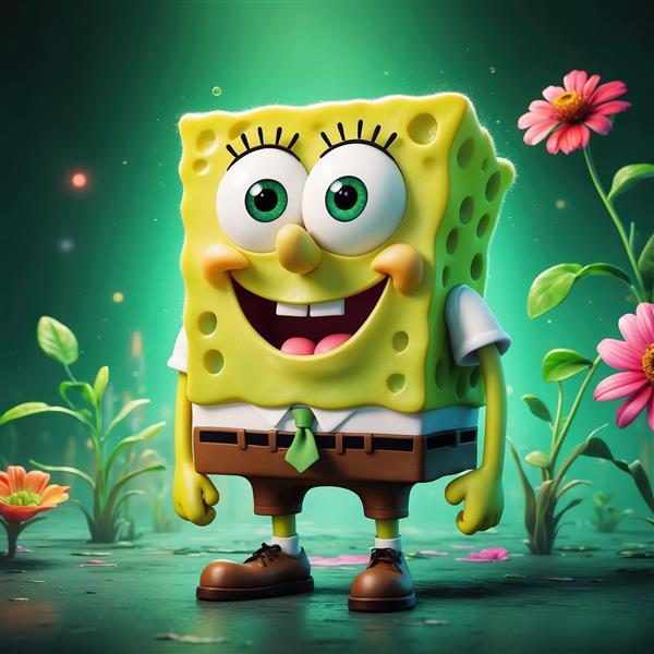 باب اسفنجی در میان گیاهان و گل‌های صورتی، تصویر طبیعت شاد با کراوات سبز