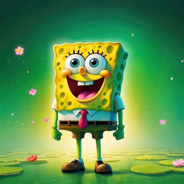 باب اسفنجی در محیط جنگلی و سرسبز با گل‌های آبی و صورتی، طرح طبیعت فانتزی
