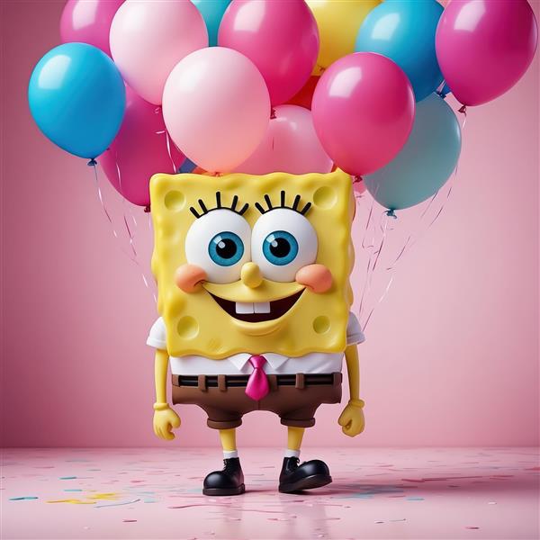 باب اسفنجی با لبخند بزرگ و دسته بادکنک‌های پاستلی، تصویر ایستاده و سه‌بعدی