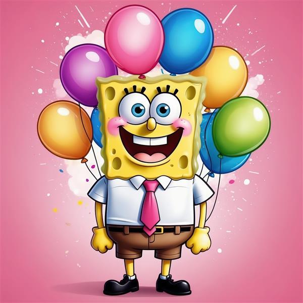 باب اسفنجی با کراوات قرمز و مجموعه‌ای از بادکنک‌های شاد در زمینه صورتی روشن