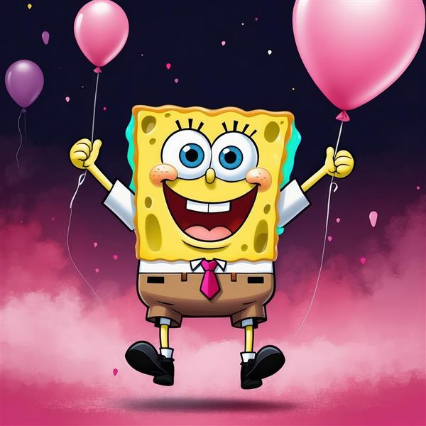 تصویر فانتزی باب اسفنجی در حال پرواز با بادکنک‌های صورتی در میان ابرهای شب