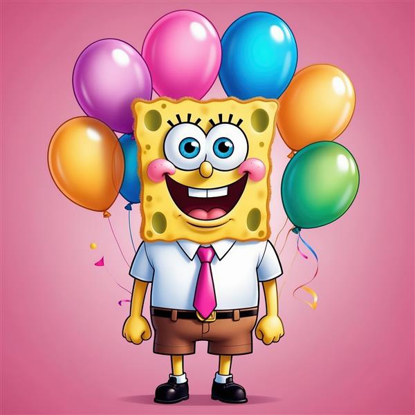 باب اسفنجی با کراوات صورتی و خوشه‌ای از بادکنک‌های رنگارنگ (طرح دکوراتیو کودک)