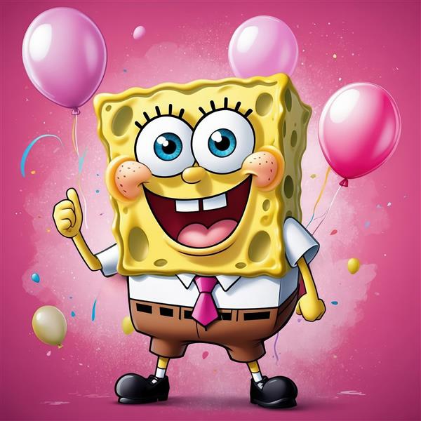 باب اسفنجی با ژست تشکر و بادکنک‌های صورتی در پس‌زمینه آبرنگی، طرح جشن باکیفیت