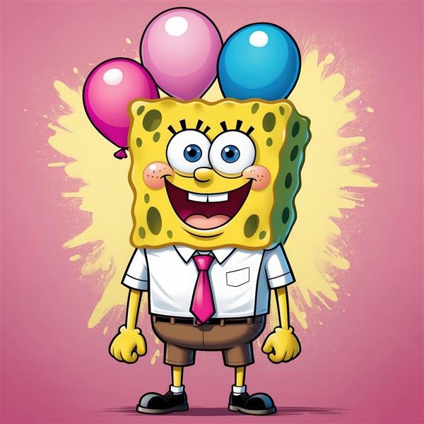 طرح مینی‌مال باب اسفنجی با کراوات صورتی و بادکنک‌ها، پس‌زمینه صورتی با پاشش رنگ زرد