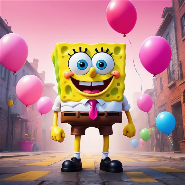 باب اسفنجی در خیابان شهر با بادکنک‌های صورتی و پس‌زمینه شهری محو (طرح سه‌بعدی)