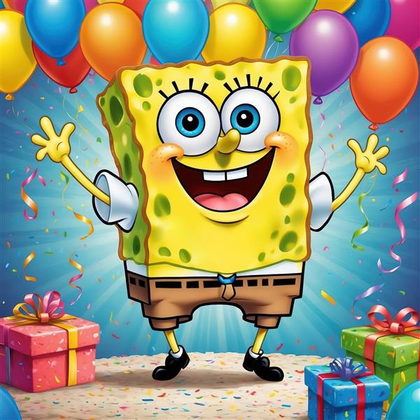 باب اسفنجی پرانرژی در مرکز جشن تولد با کادو و بادکنک‌های رنگین، تصویر دکوراتیو