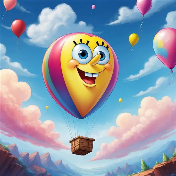 بالن هوای گرم با طرح صورت باب اسفنجی بر فراز کوه‌ها، تصویر ماجراجویی و دکوراتیو