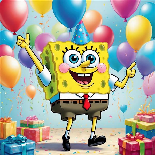 باب اسفنجی با کلاه تولد و هدایا در میان بادکنک‌ها، تصویر جشنی و باکیفیت برای پوستر