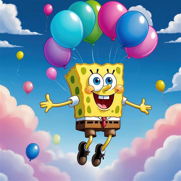 طرح ماجراجویانه باب اسفنجی در حال پرواز با بادکنک‌ها میان ابرهای پفکی