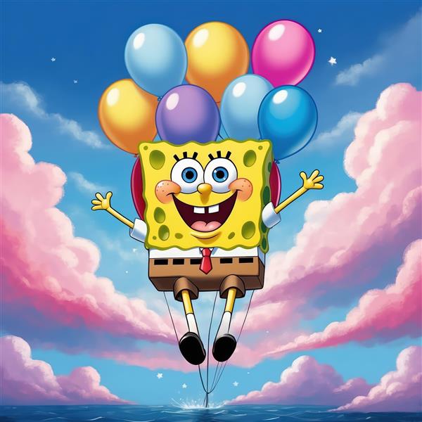 پرواز باب اسفنجی با بادکنک‌های خوشه‌ای در آسمان آبی و ابرهای صورتی (تصویر فانتزی)