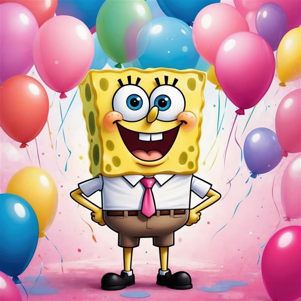 باب اسفنجی با کراوات صورتی در جشن بادکنک‌های صورتی و آبی، تصویر سه‌بعدی شاد