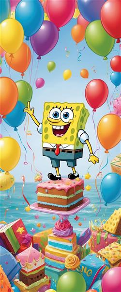طرح عمودی باب اسفنجی روی کیک و هدایای تولد در پس‌زمینه ساحل و بادکنک (رزولوشن بالا)