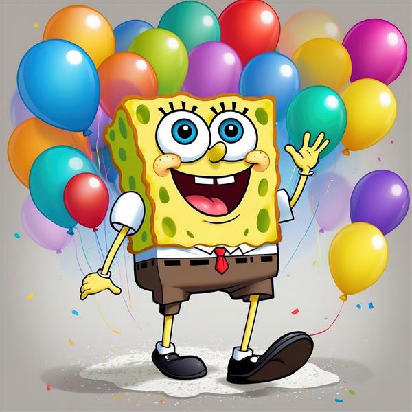 پوستر باب اسفنجی خندان در میان توده بادکنک‌های رنگی، طرح باکیفیت و شاد برای اتاق کودک