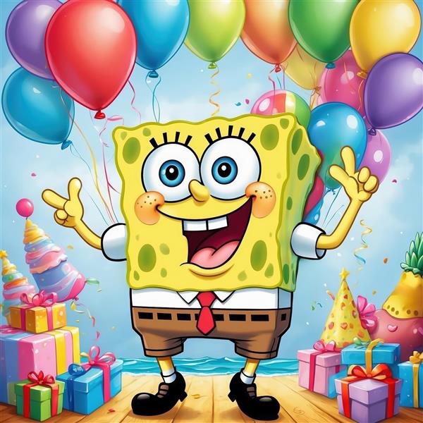 جشن تولد باب اسفنجی در کنار ساحل با کادو و بادکنک، طرح شاد و پر انرژی