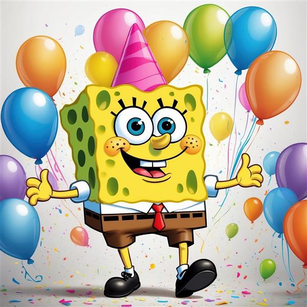 باب اسفنجی با کلاه تولد صورتی و بادکنک‌های پررنگ، تصویر جشن و شادی کودکانه