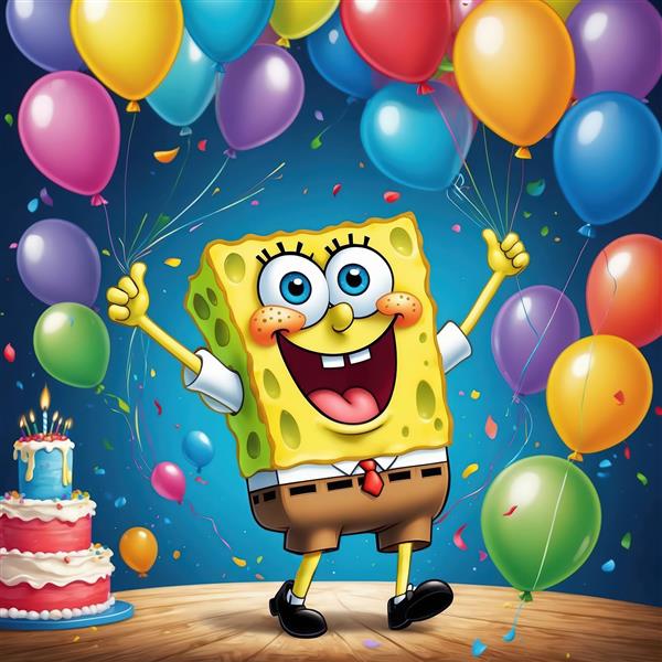 باب اسفنجی در حال شادی و نگه داشتن بادکنک‌ها در جشن تولد روی زمین چوبی