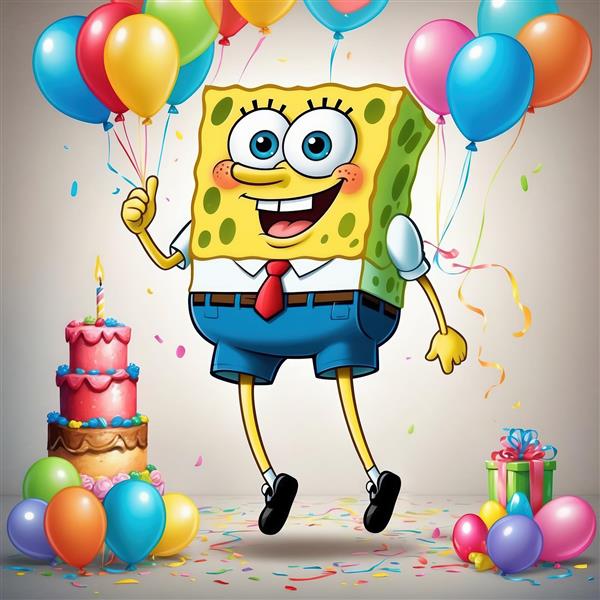 جشن تولد باب اسفنجی، بادکنک‌ها و کیک سه طبقه، تصویر با رزولوشن بالا برای چاپ پوستر