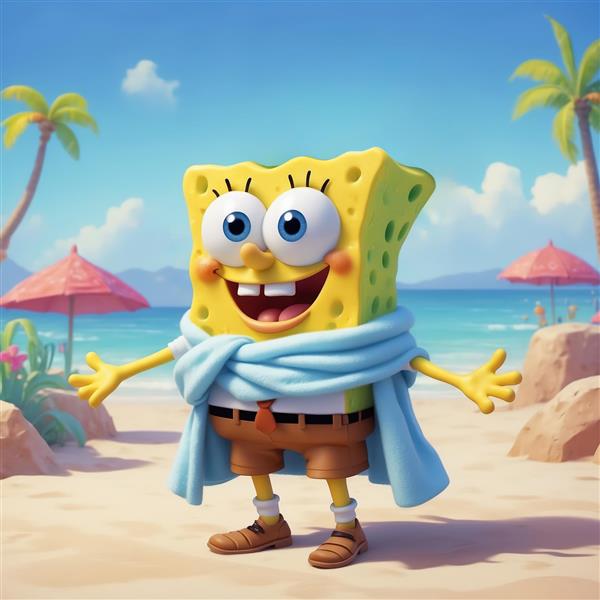 طرح شاد باب اسفنجی در ساحل دریا با چتر و نخل، تصویر دکوراتیو تابستانی و آفتابی