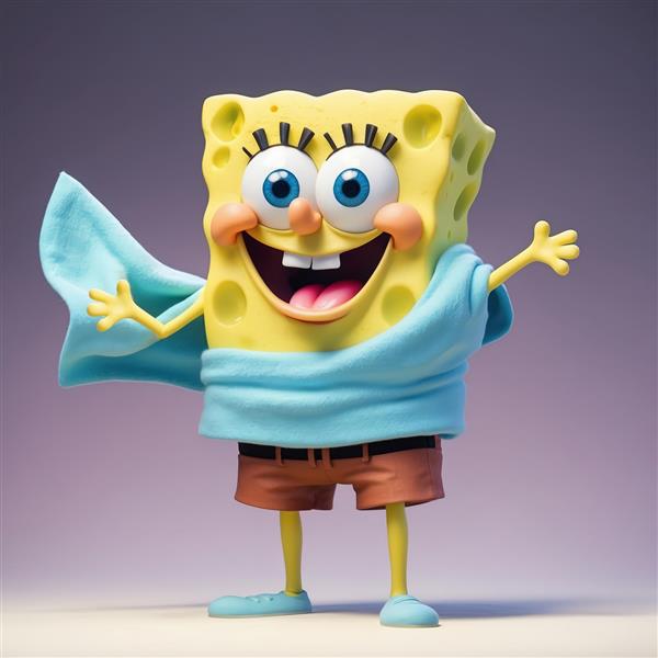 فیگور باب اسفنجی در لباس قهرمانانه آبی، سه‌بعدی و باکیفیت، پس‌زمینه ملایم