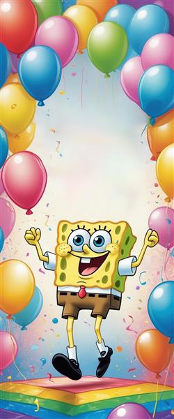 تصویر عریض از رقص باب اسفنجی روی سکوی رنگین‌کمان با بادکنک و کنفتی (مناسب دکوراسیون)