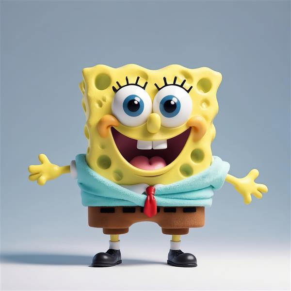 مجسمه کارتونی باب اسفنجی با جزئیات سه‌بعدی و لبخند شاد در استودیو، تصویر اورجینال
