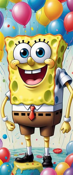 پوستر عمودی باب اسفنجی خندان با پس‌زمینه بادکنک‌های رنگی، طرح باکیفیت برای چاپ