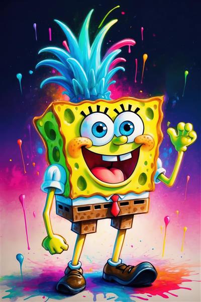 باب‌اسفنجی با تاج آناناسی رنگی و افکت پاشش رنگ روی پس‌زمینه تیره