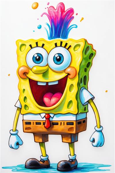 باب‌اسفنجی با طرح فواره رنگی روی سر و پس‌زمینه سفید