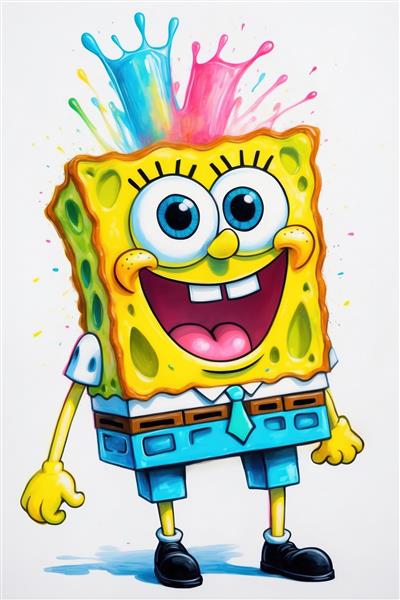 باب‌اسفنجی با لباس آبی و کراوات و افکت پاشش رنگ نئونی