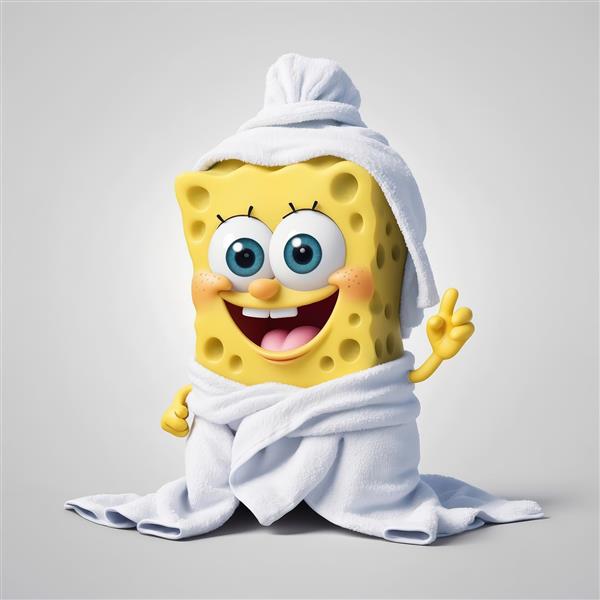 طرح سه‌بعدی باب‌اسفنجی در حوله سفید – مناسب اتاق حمام