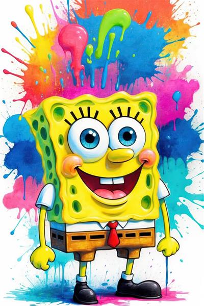 تصویر باب‌اسفنجی با افکت‌های رنگی پاشیده شده از بالا – پوستر هنری