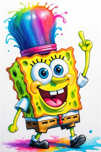 باب‌اسفنجی با رنگین‌کمان رنگی پاشیده‌شده روی سر – سبک پاپ آرت
