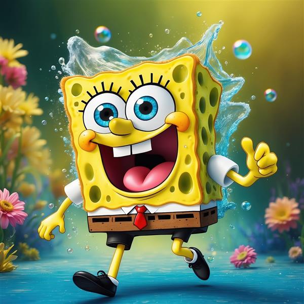 باب‌اسفنجی در حال شادی در محیط گل و سبزه – طرح بهاری باکیفیت