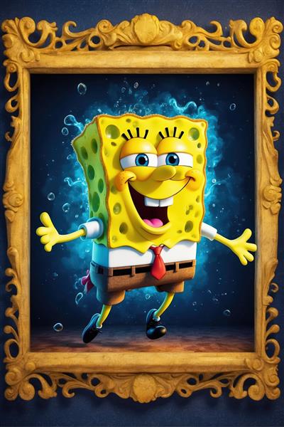 پوستر باب‌اسفنجی در حال پرواز درون یک قاب پر زرق و برق طلایی