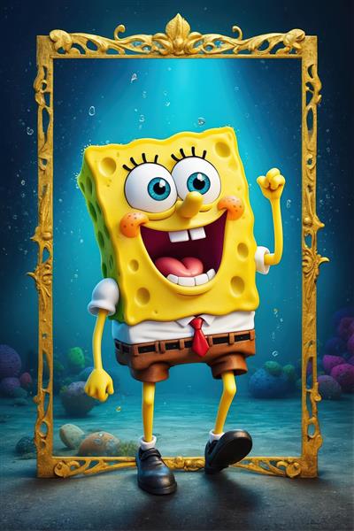 تصویر باب‌اسفنجی در قاب آینه‌ای طلایی زیر آب در کف اقیانوس