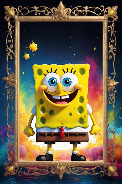 باب‌اسفنجی در قاب طلایی لوکس با پس‌زمینه کهکشانی رنگارنگ