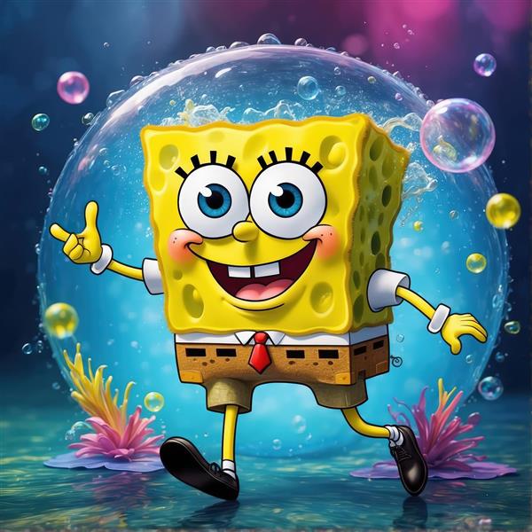 طرح شاد و هیجان‌انگیز باب‌اسفنجی درون یک حباب آبی بزرگ