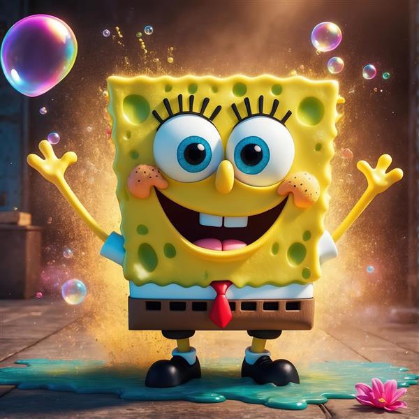 فیگور باب‌اسفنجی در محیط خشک با افکت‌های نوری و حباب‌های رنگی