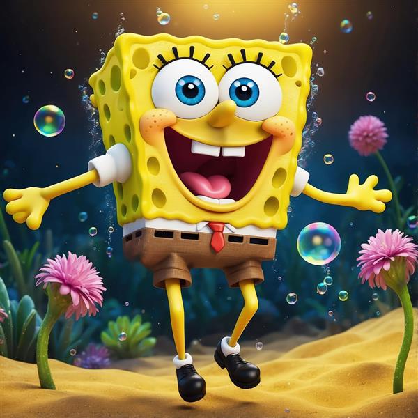 باب‌اسفنجی در حال شادی زیر آب در بستر شنی با حباب‌ها و گل‌های دریایی