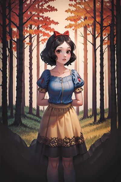 تصویر انیمه‌ای سفید برفی در جنگل پاییزی با رنگ‌های نارنجی و گرم