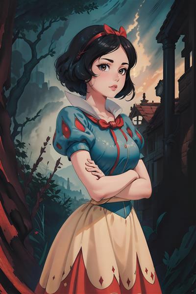 پرتره انیمه‌ای سفید برفی با استایل شهری و بافت‌های قدیمی در پس‌زمینه