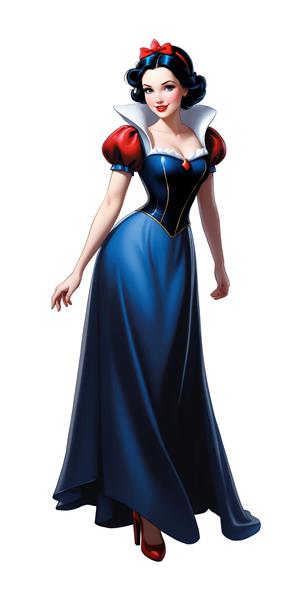 طرح فانتزی سفید برفی با لباس آبی تیره و کفش‌های پاشنه‌بلند قرمز