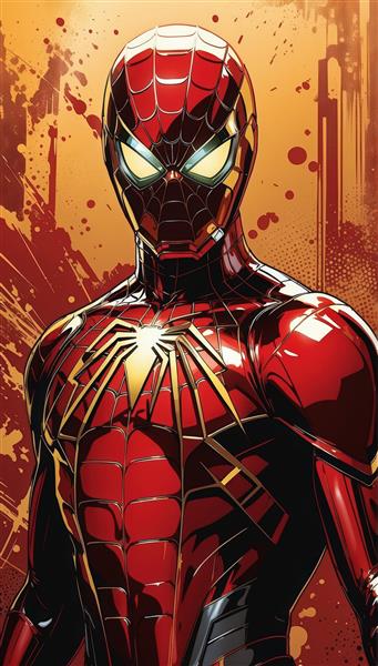 پوستر پرتره مرد عنکبوتی با لباس طلایی و نورپردازی دراماتیک – سبک کمیک