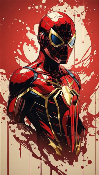 تصویر نیم‌تنه مرد عنکبوتی با لباس فلزی طلایی و قرمز – سبک کمیک مدرن