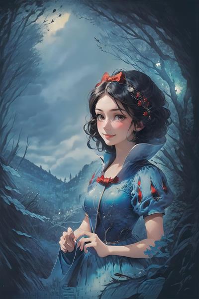 طرح انیمه‌ای سفید برفی در جنگل اسرارآمیز با رنگ‌های سرد و تیره