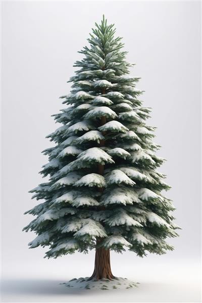 درخت همیشه سبز کاج پوشیده از برف در پس‌زمینه سفید برای چاپ باکیفیت بالا