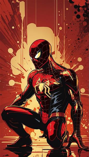 پوستر اکشن مرد عنکبوتی با تم قرمز و طلایی – سبک هنری کمیک بوکی