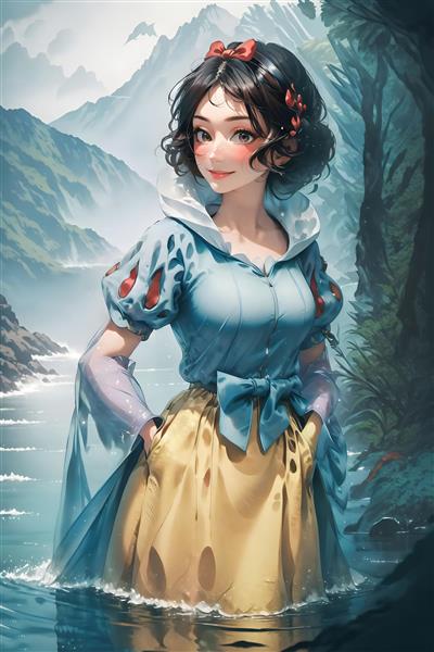 پرتره انیمه‌ای سفید برفی در آب رودخانه با پس‌زمینه کوهستانی زیبا