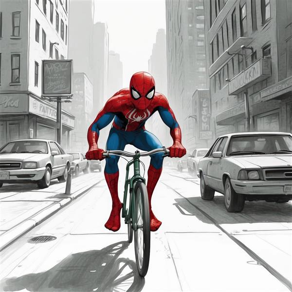 تصویر کمیک مرد عنکبوتی در حال دوچرخه‌سواری در خیابان شهری کلاسیک