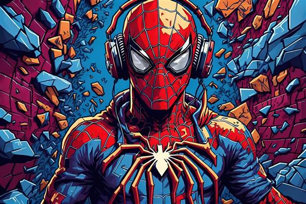 مرد عنکبوتی با هدفون در حال عبور از دیوار شکسته – سبک آرت پاپ کمیک